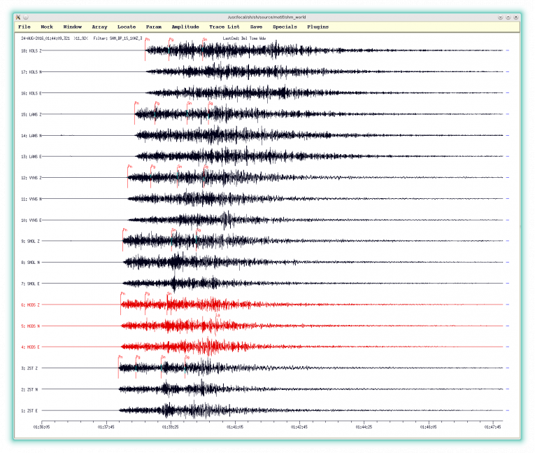 Záznamy zemetrasenia 24. 8. 2016 v Taliansku (najsilnejší otras s Mw = 6,2) stanicami Národnej siete seizmických staníc spolu s označením časov príchodov identifikovaných seizmických vĺn). Prvé seizmické vlny spôsobené zemetrasením v Taliansku sa na Slovensko došírili zhruba minútu po vzniku zemetrasenia.