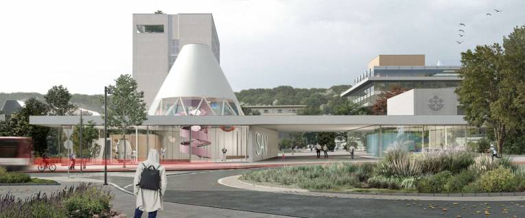 Design visualisation of the entrance portal to the campus. Source: gro architects
