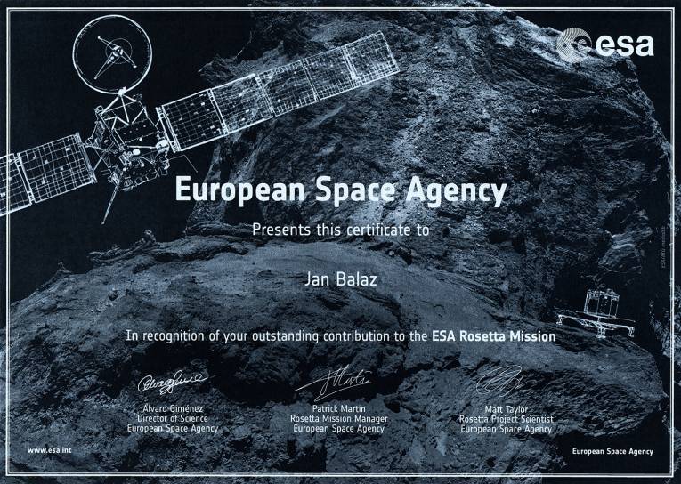 Európska vesmírna agentúra ESA ocenila Jána Baláža za jeho mimoriadny prínos k vesmírnej misii Rosetta.