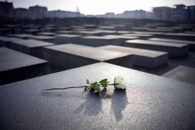 Biela ruža položená na jednom z náhrobkov na pamiatku obetí holokaustu pri pamätníku zavraždených Židov v Európe, v Berlíne