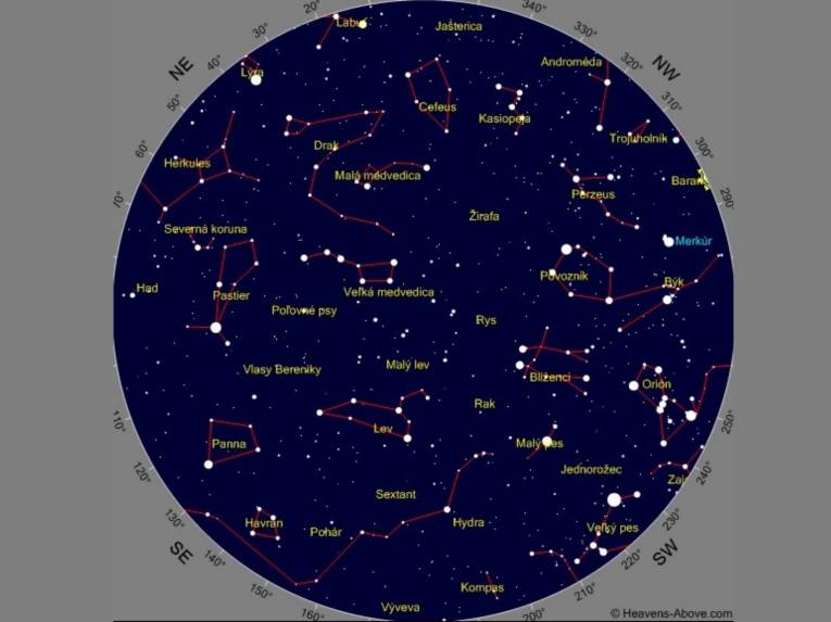 Vyhľadávacia mapka: Merkúr na večernej oblohe 29. apríla 2022 večer po západe Slnka
Zdroj: AsÚ SAV, v. v. i