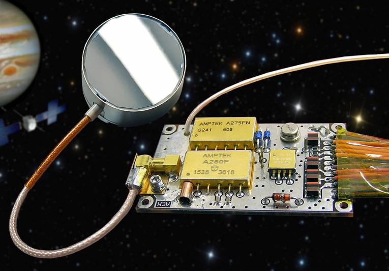 The ACM anti-coincidence detector module consists of a semiconductor detector ionizing radiation and electronic circuits for signal processing. Source: ÚEF SAV, v. v. i.
