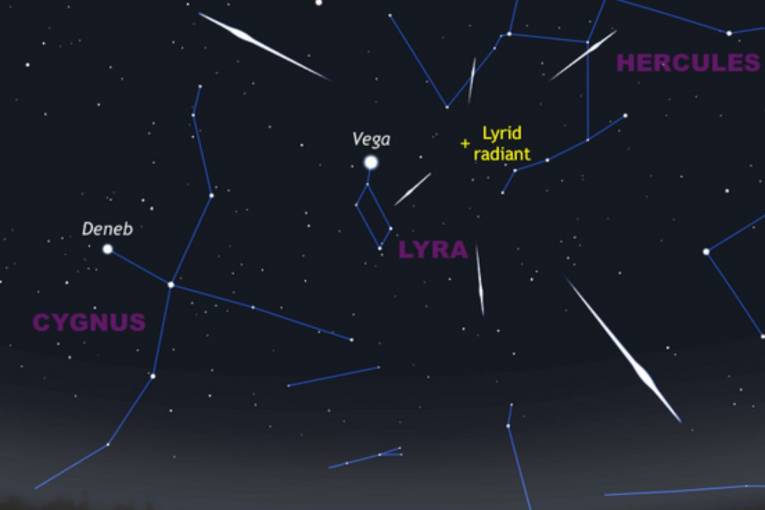 Radiant of the Lyrid meteor shower on the border of the Lyra and Hercules constellations in the vicinity of the bright star Vega. Source: Ade Ashford